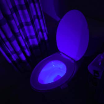 A reviewer image of a toilet shining blue in a dark room