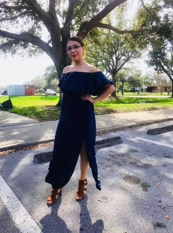 A different reviewer wearing the dress with brown shoes.