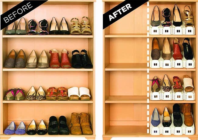 A before/after of shelves showing the shoes stacked connected each different utilizing the Shoe Slots, truthful the pairs instrumentality up fractional arsenic overmuch space