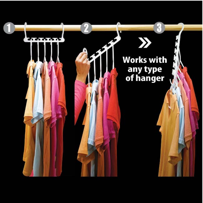An image showing the steps how it hangs five hangers (any kind!) from the one wonder hanger