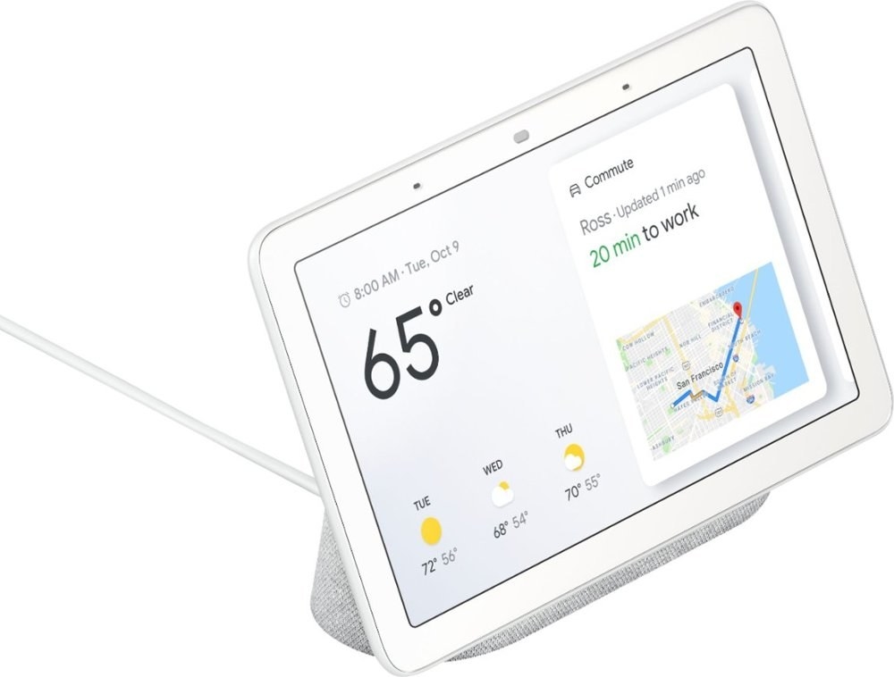 product shot of Google home hub showing weather info 
