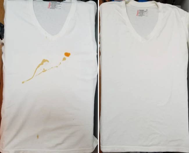 A BuzzFeed Shopping writer's before/after of a white tee with a large orange stain, and then the same shirt completely clean