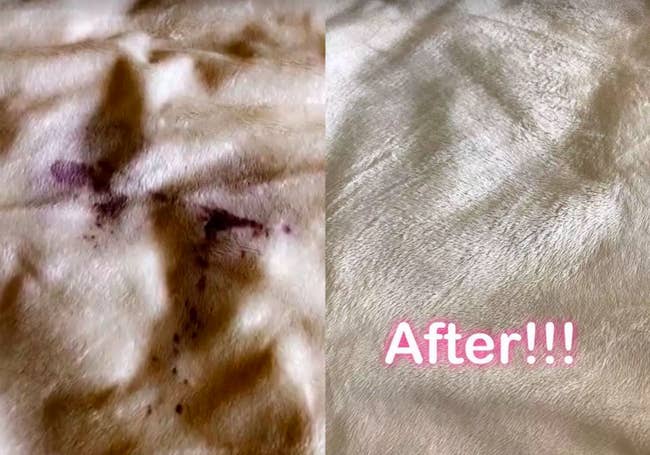 Reviewer's before and after with blanket stained in red wine and completely unstained after use