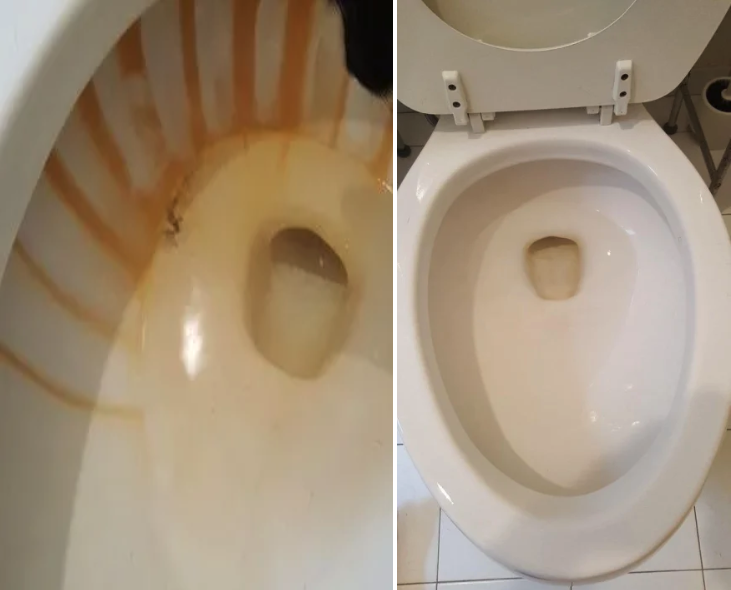 A collage of two photos: a toilet bowl with bright orange stains on the left and the same toilet white and clean on the right