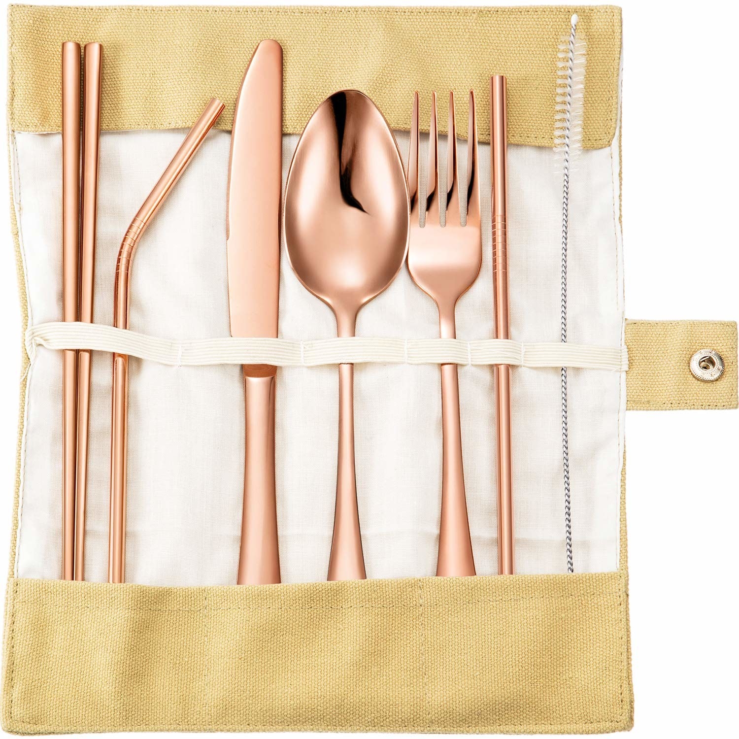 The set includes a knife, fort, spoon, chopsticks, bent straw, straight straw, straw brush, and one storage bag that fits it all. Promising review: "This is a great substitute for plastic utensils. It doesn’t take much space in a bag, so I carry it around everywhere." —EvieGet it from Amazon for $11.29+ (available in rose gold, silver, and multicolor).