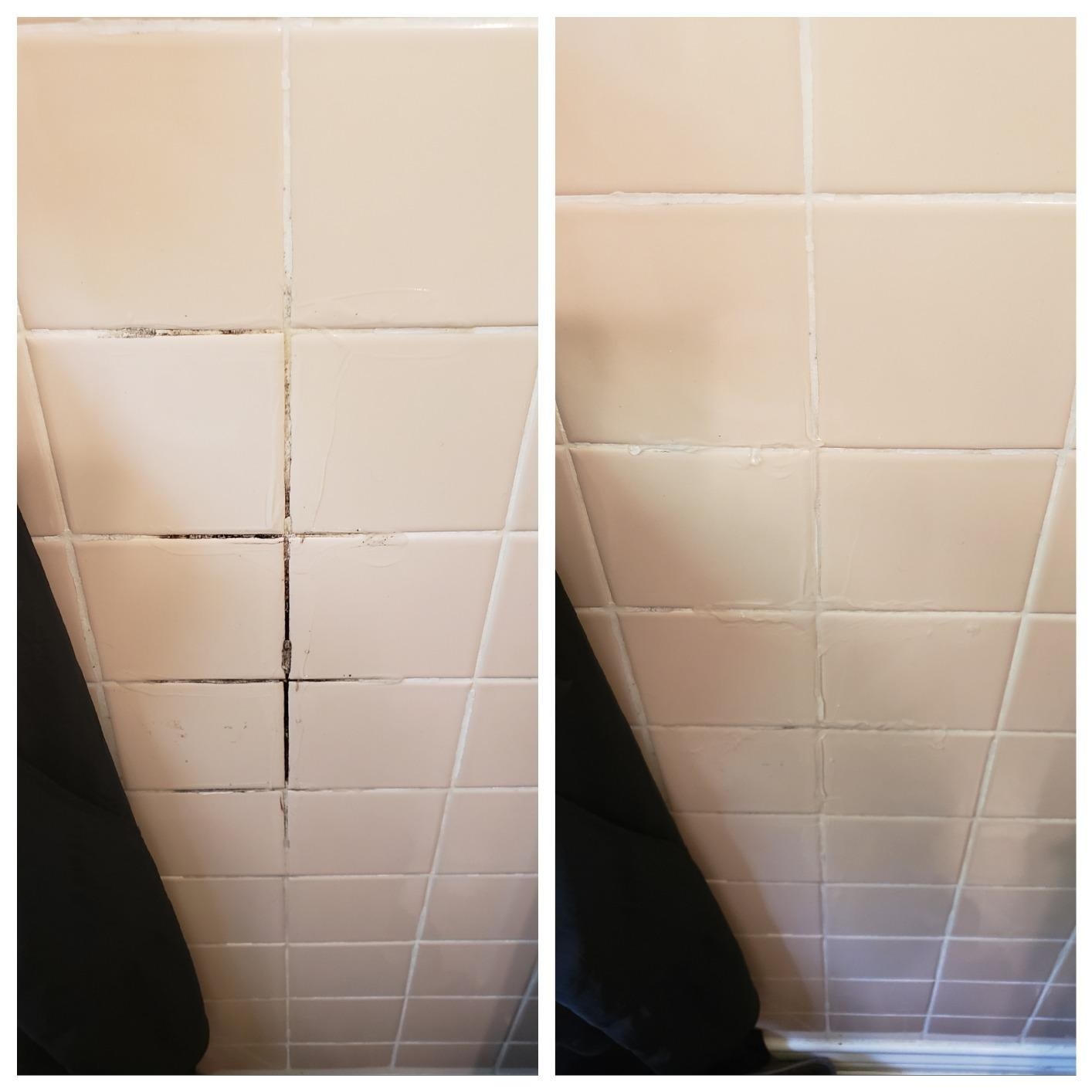 A reviewer's before/after of black mold on bathroom tile grout being removed
