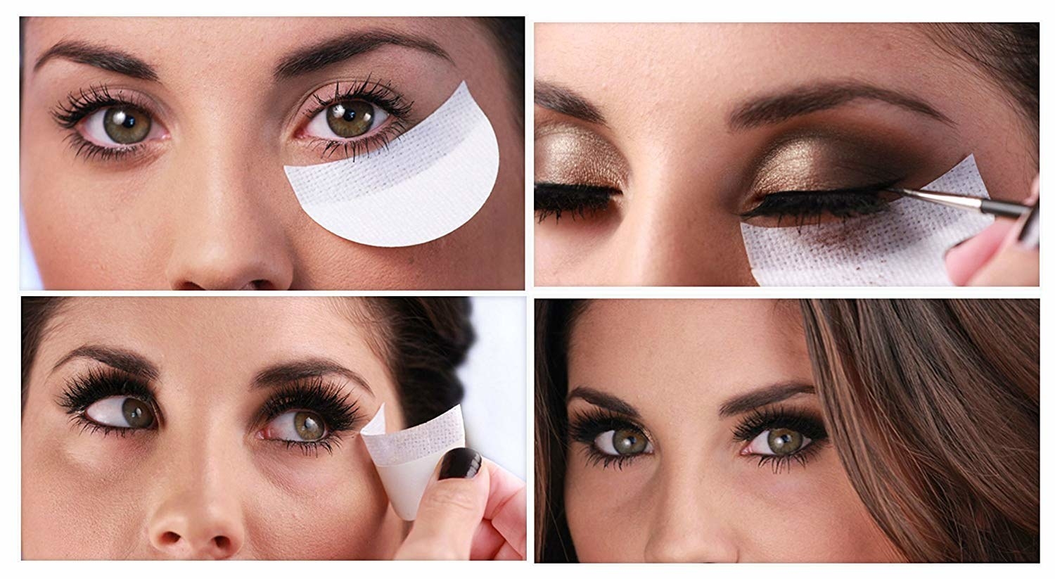 model puts on shield under eye, does makeup, peels off shield, and shows off eyes