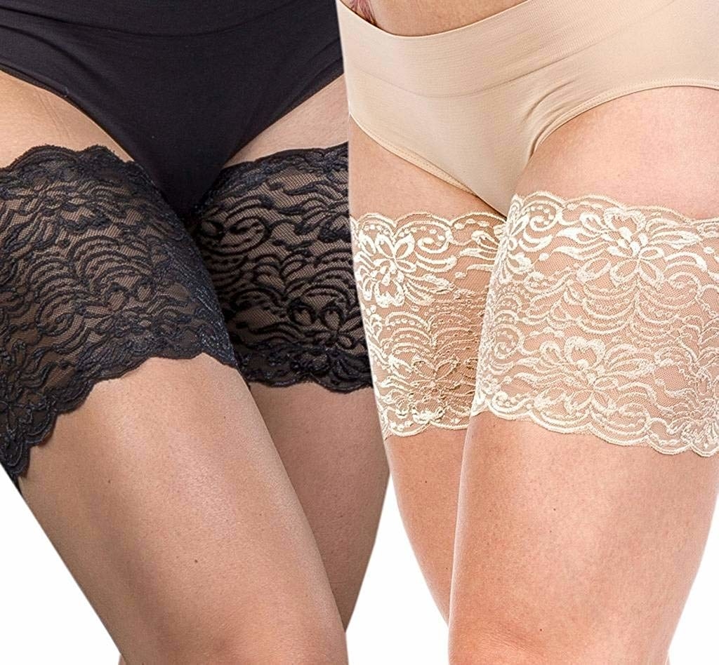 two models legs with lacy straps over the thighs 