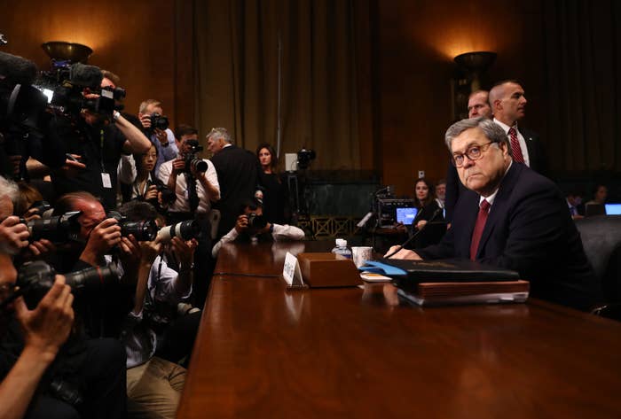 US Attorney General William Barr prepares for a Senate Judiciary Committee hearing in Washington, DC, May 1.