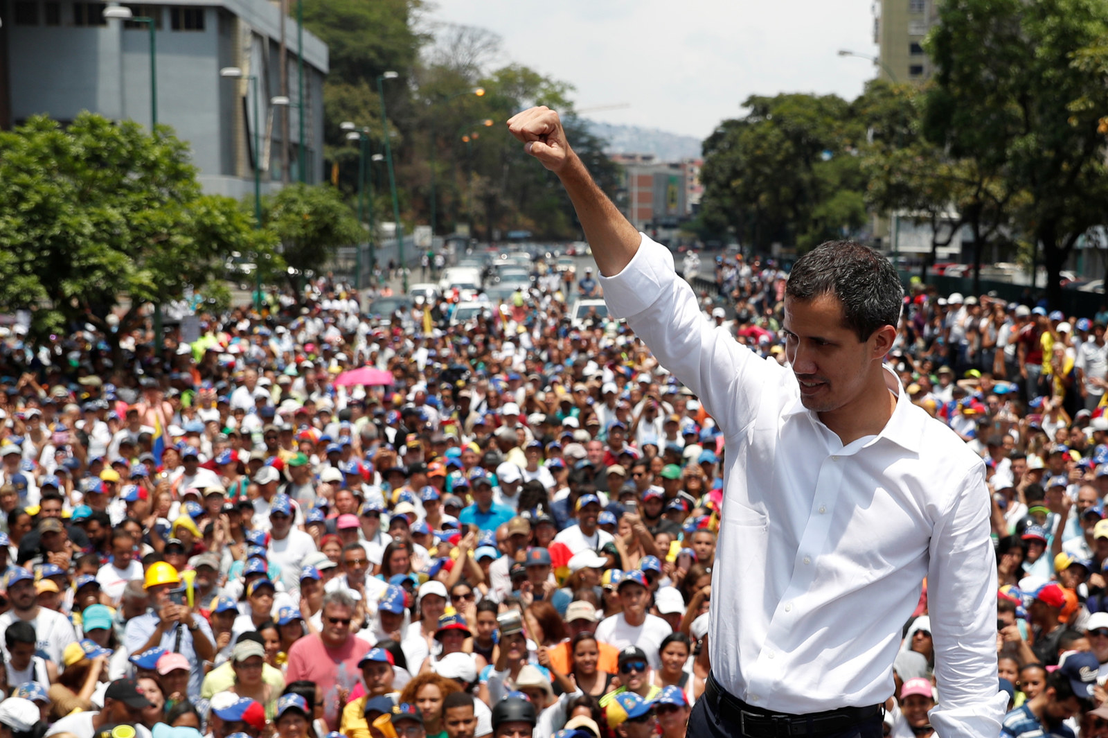 Venezuelan opposition leader Juan Guaidó speaks to supporters during a rally against Venezuelan President Nicolás Maduro's government and to commemorate May Day in Caracas, May 1.