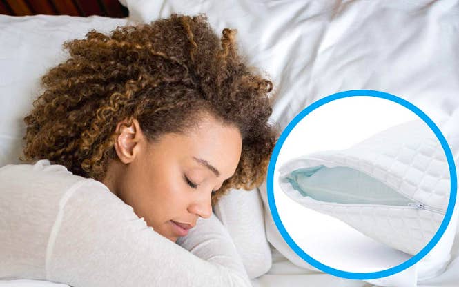 A model sleeping on the pillow with a graphic that shows the padded cover and supportive insert 
