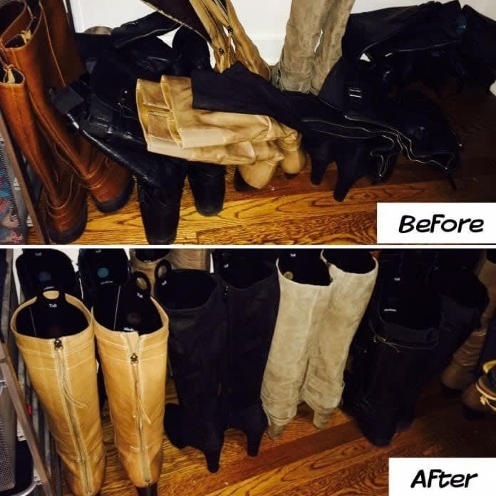 On the top, a reviewer before photo showing their tall boots not standing upright, and on the bottom, the same reviewer photo, showing their boots standing upright with the shapers inside