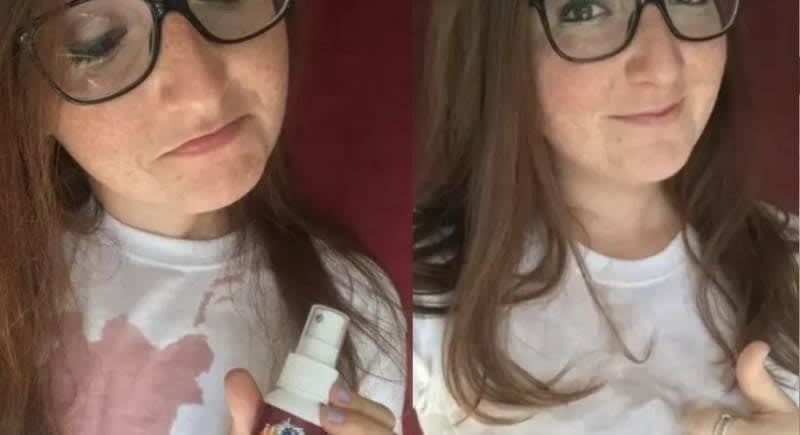 On the left, BuzzFed Editor, Emily Shwake with a red wine stain on a white T-shirt, and on the right, the white T-shirt now free of the red wine stain