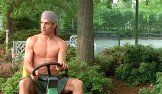 Freddie Prinze Jr. driving a lawnmower shirtless 