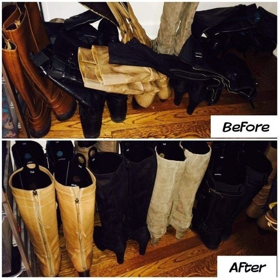 A reviewer&#x27;s before/after of several pairs of boots, with the shafts messily folded over each other before, and the same boots standing tall and neat with the inserts in them