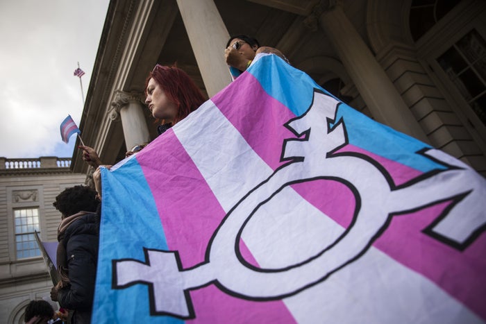 Protesters in New York in October rally against the Trump administration’s treatment of LGBT people.