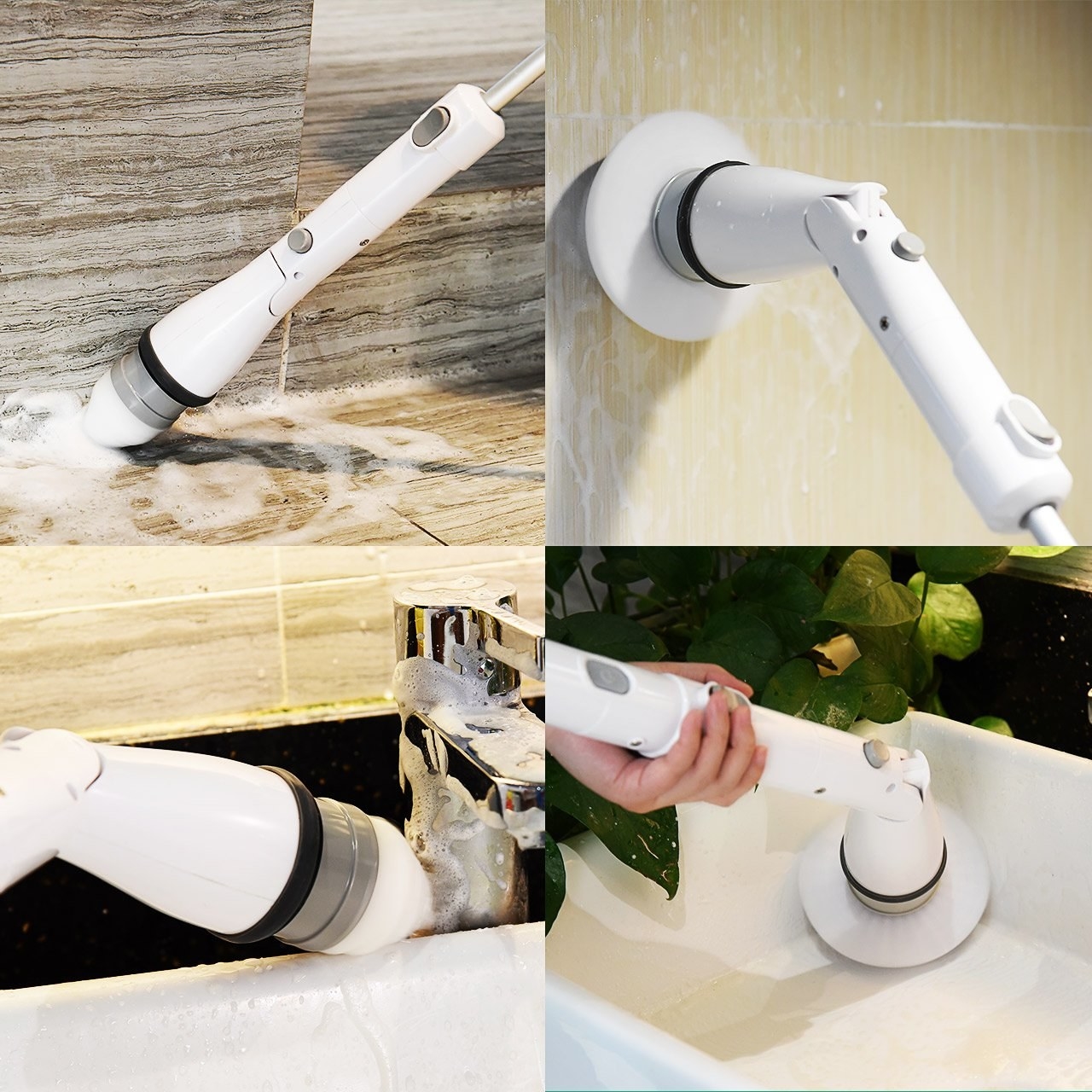 Electric scrubber is used to clean bathroom floor, walls, shower, sink, and bath tub