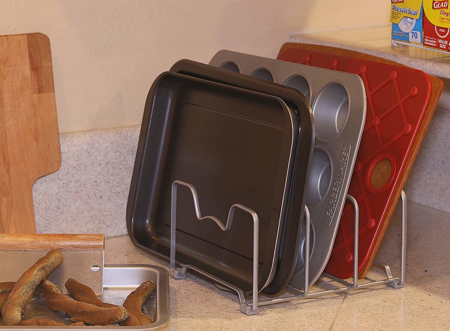 the pantry rack holding various baking trays
