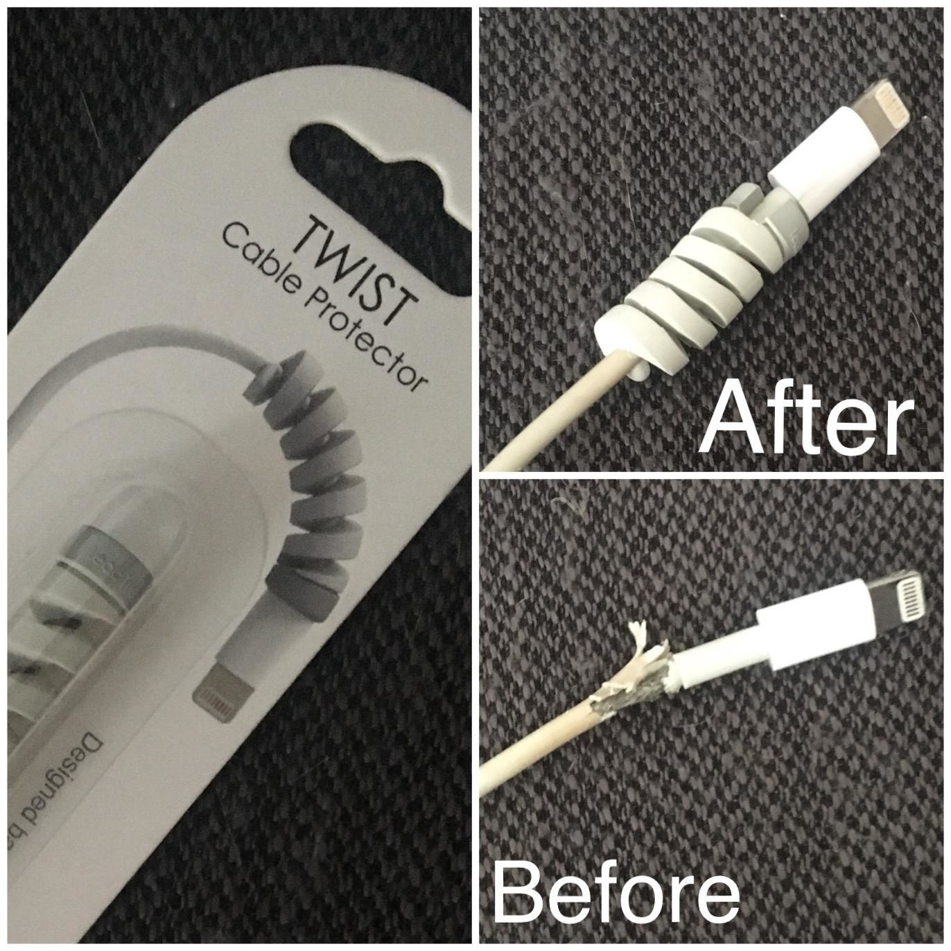 on the left, product in packaging labeled &quot;Twist cable protector&quot; on the bottom right a frayed cord labeled &quot;before&quot; and on the top right an unfrayed cord with the protector labeled &quot;after&quot;