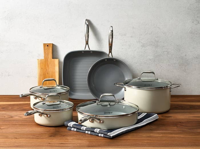 I recently purchased this for my grandma (who isn't a college grad lol but is somewhat of a cookware connoisseur) and she absolutely loves it. This 10-piece set includes a 9.5" fry pan, a two-quart saucepan with lid, an 11" grill pan, a three-quart saucepan with lid, a four-quart jumbo cooker with lid, and a six-quart Dutch oven with lid. Everything is PFOA-free, PTFE-free, and dishwasher-safe. Non-stick cookware is generally easier to use than stainless steel because even if things go awry, all the evidence will wash right off!Get it from BuzzFeed's Goodful line, exclusively at Macy's for $119.99.