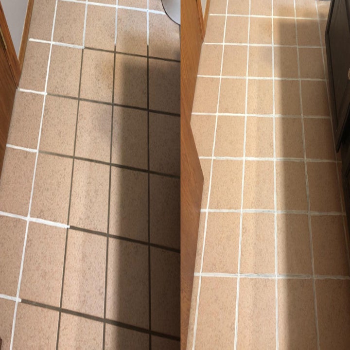 on the left, tile with grey grout, on the right the same grout whitened again
