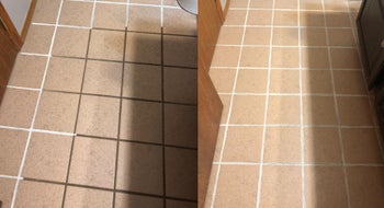 on the left, reviewer's tile with grey grout, on the right the same grout whitened again