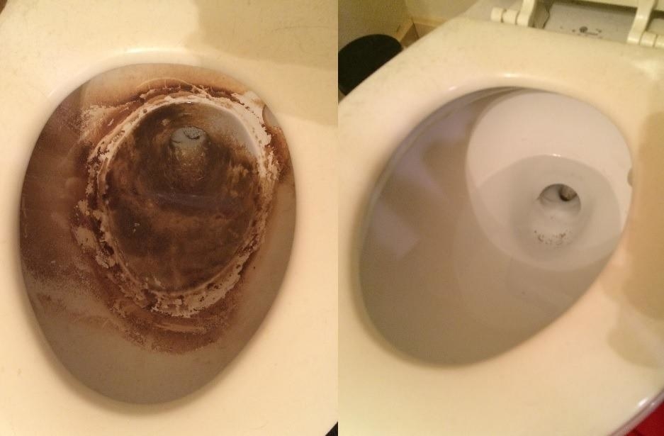 on the left a toilet bowl caked with brown crud, on the right the same toilet cleaned and white
