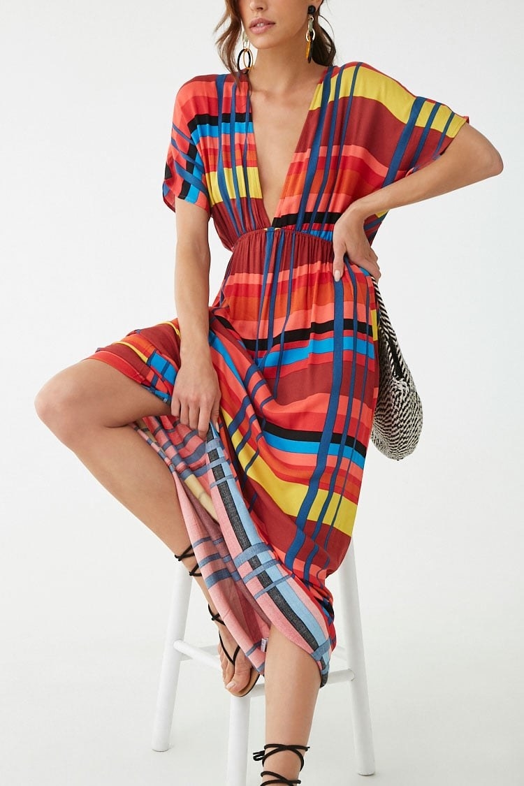 uo anna linen mixed plaid midi wrap dress