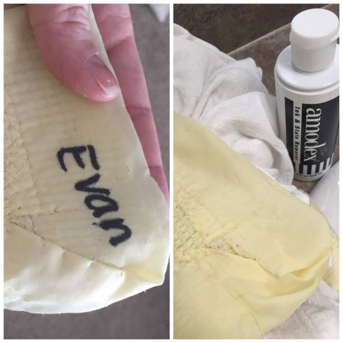 on the left yellow fabric with &quot;evan&quot; written in marker on it, and on the right the same fabric with no marker and a bottle of amodex ink remover in the background