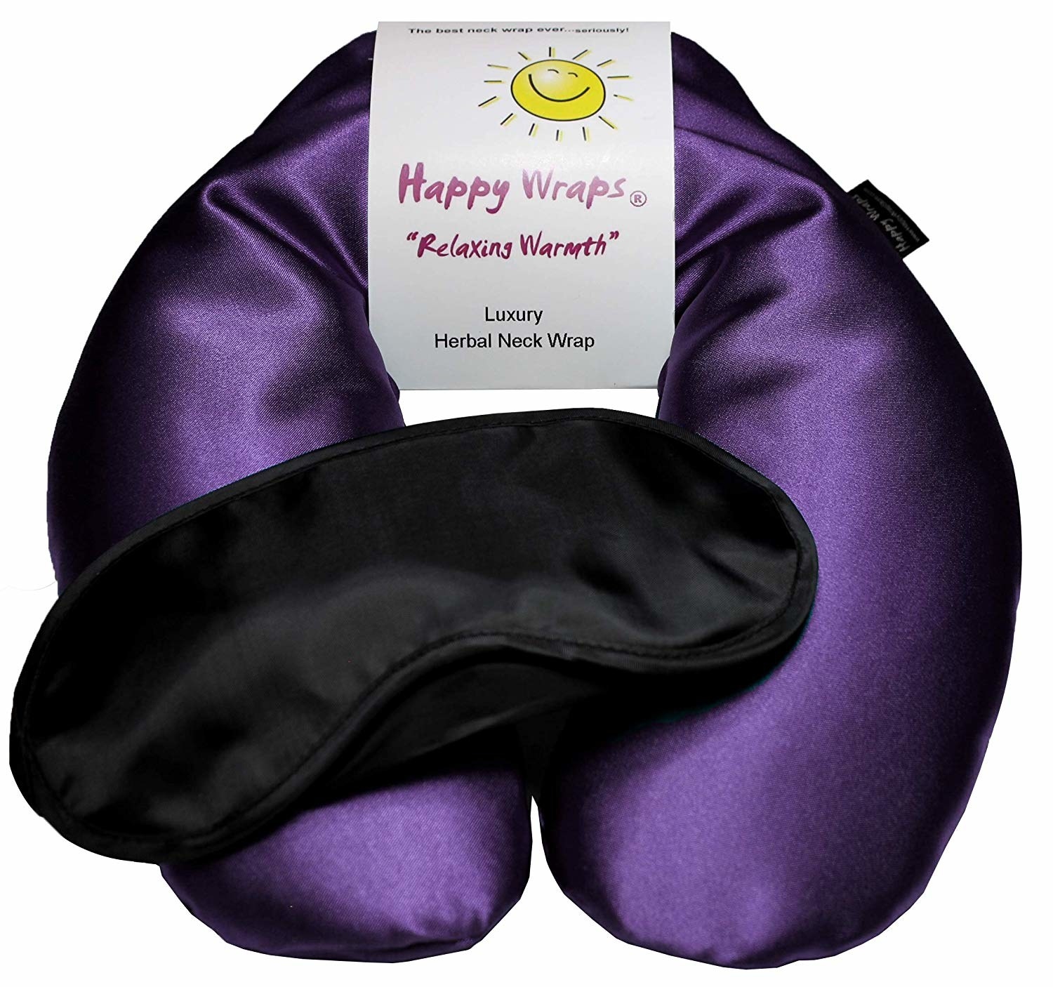The purple sateen neck wrap and black polyester sleep mask