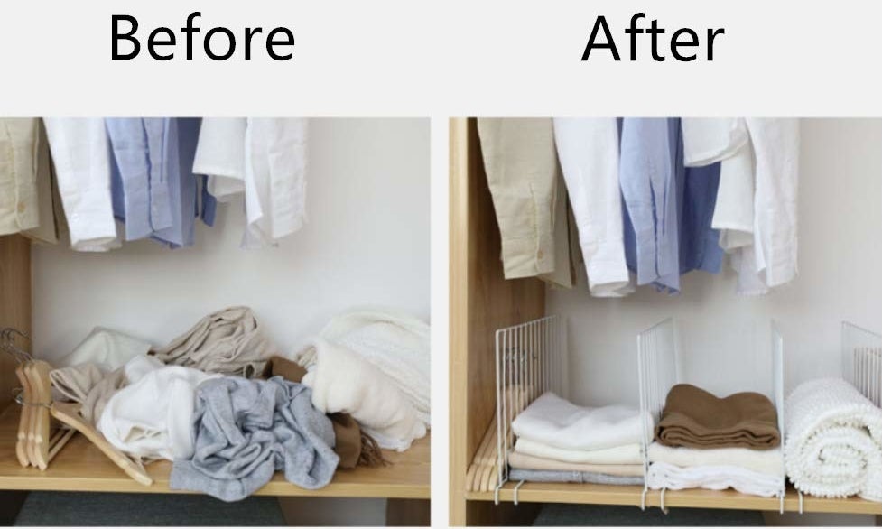 a photo set displaying a person&#x27;s closet before and after using the shelf dividers