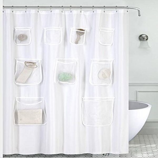 the shower curtain with its pockets filled with various bathroom items