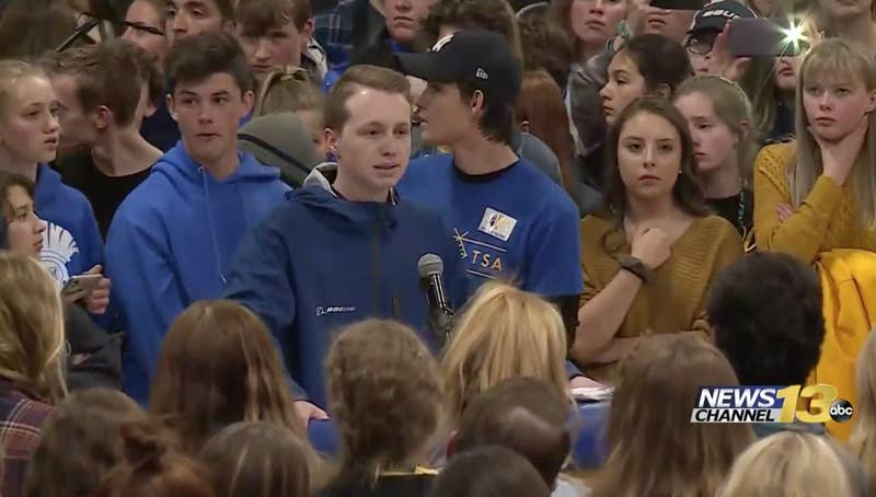 A STEM student gives a speech at an impromptu vigil for Kendrick Castillo.