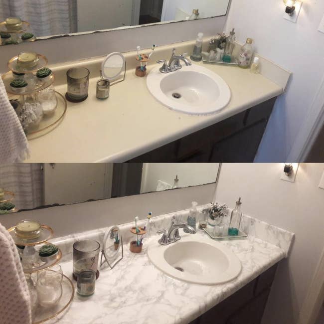 A bathroom counter—one without the film and one with