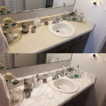 Two pictures of a bathroom counter—one without the film and one with