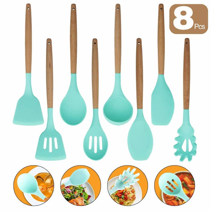 In total you'll receive a spatula, round spatula, soup ladle, slotted spoon, solid spoon, spaghetti server, slotted turner, and a wide slotted turner.Promising review: "If you are looking for kitchenware that will not scratch your pots, this set is the right thing to buy. The wooden handles are study, but at the same time, the silicone part is soft. It seems to be durable, as well. Also, it can be cleaned in no time. Overall a great set!" —SajanGet the set from Amazon for $23.99+ (available in three colors).