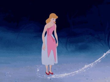 Gif of Cinderella&#x27;s transforming from rags to her ballgown party look