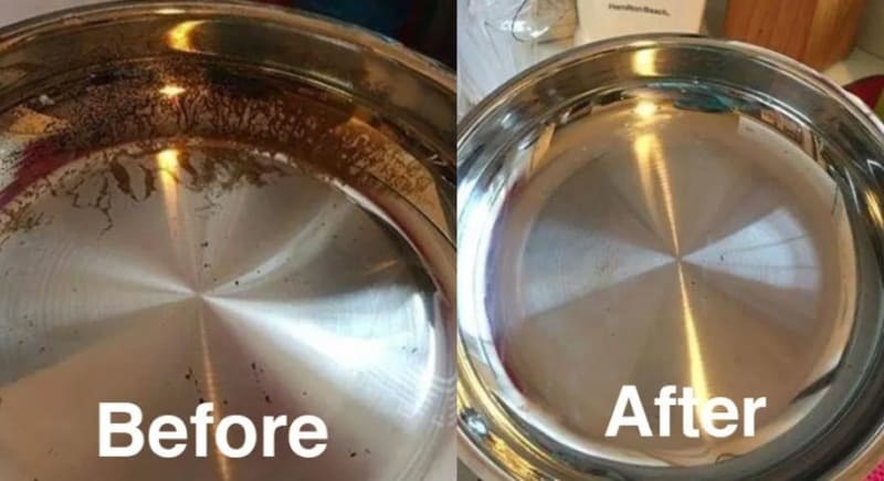 On the left, a pan looking rusty and dirty, and on the right, the same pan looking shiny and clean after using the cleaner