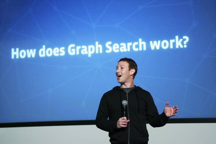 Mark Zuckerberg introduces graph search features during a presentation in 2013.