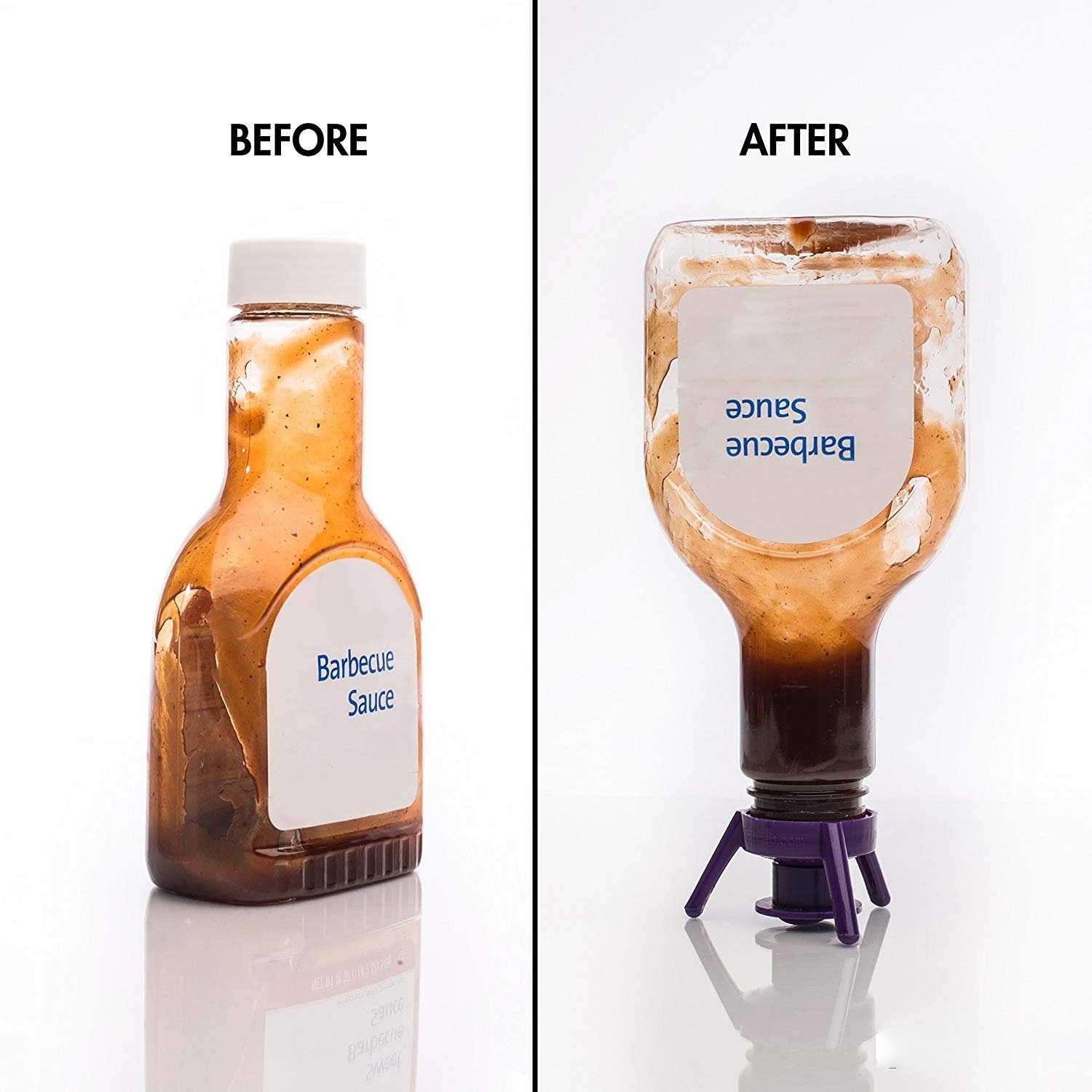 Before and after images of a bottle of BBQ sauce using the bottle-emptying stand