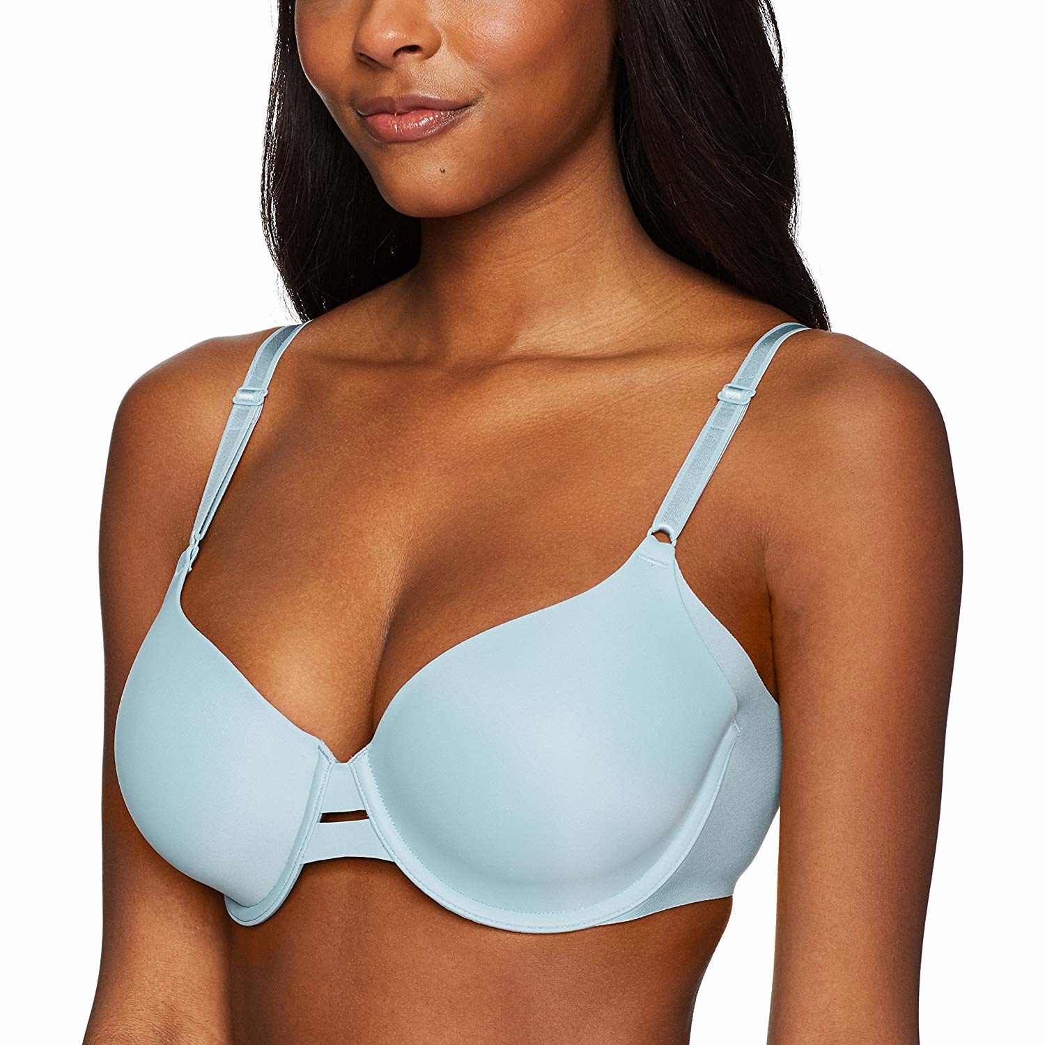 Model wearing light blue bra