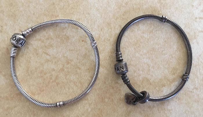 right: reviewer&#x27;s bracelet looking tarnished and dark grey left: reviewer&#x27;s bracelet looking shiny and silver
