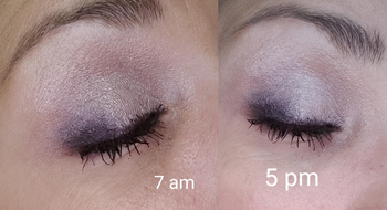 reviewer shows that their makeup stayed put from 7 am to 5 pm
