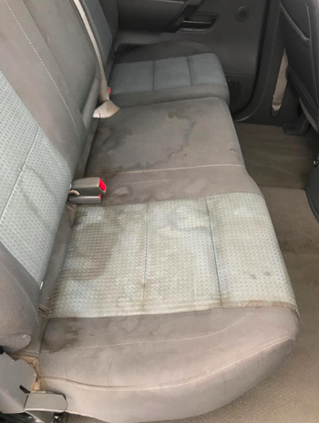 car seat with brown splotches