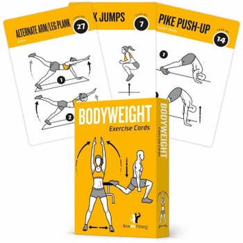 The pack of exercise cards, with a few showing how they illustrate the workouts