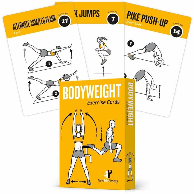 three instructional bodyweight exercise cards next to the box the deck comes in