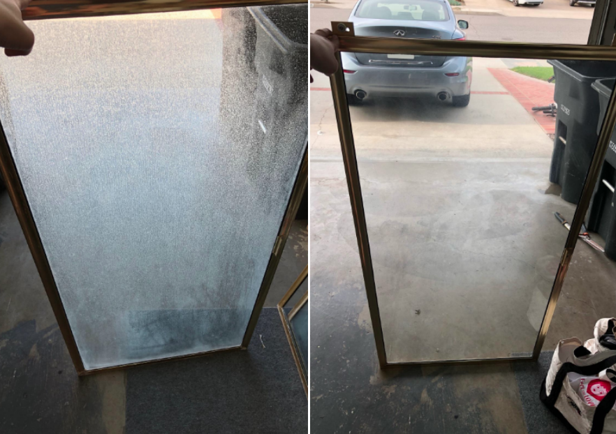 left side shows a glass panel so cloudy that you can&#x27;t see through it at all and the right shows the same glass after it&#x27;s been cleaned and you can see the car sitting in the driveway through it