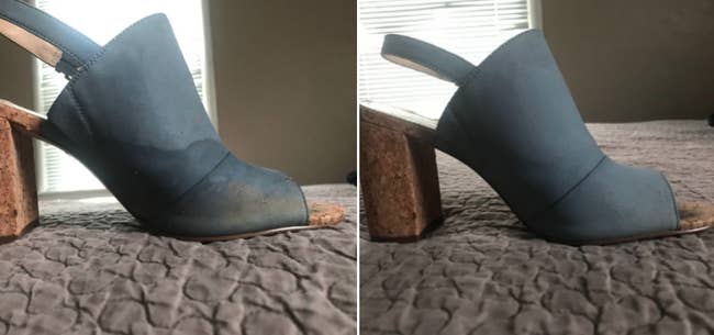 Reviewer's before-and-after image after using brush to remove stains from their suede heels