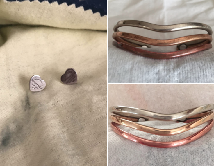 Reviewer&#x27;s before-and-after image after using cleaning cloth to remove tarnish from earrings and a ring