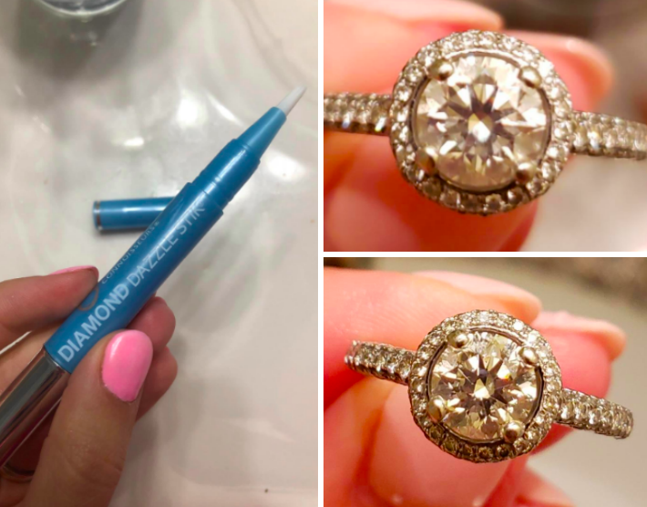 Reviewer&#x27;s before-and-after image after using the cleaning pen brush to shine and clean their wedding ring